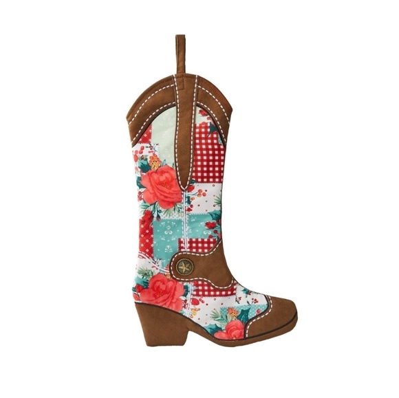 Pioneer Woman Cowboy Boot Stocking Cheerful Rose Patchwork Design - Picture 2 of 3